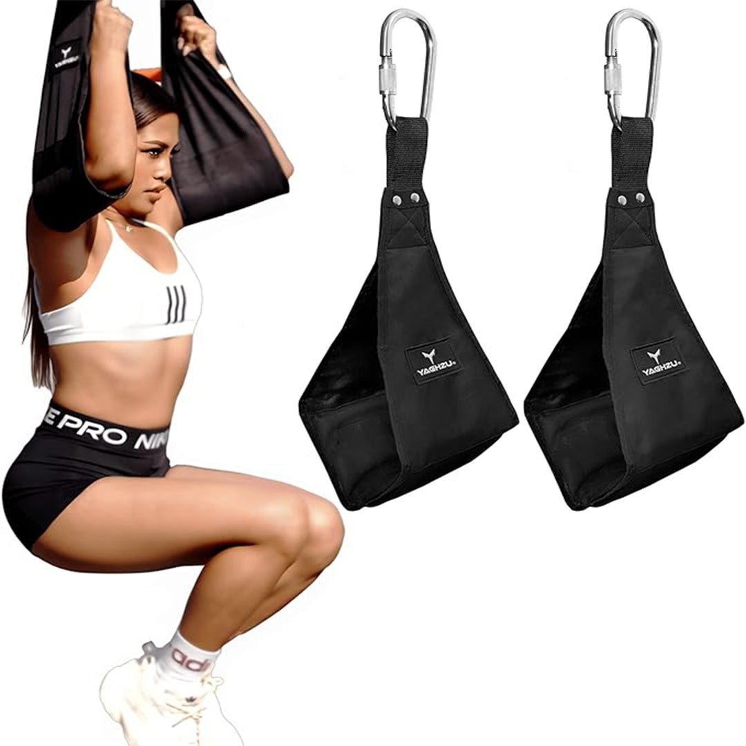 Fit woman performing hanging leg raises using Yaghzu ab straps – durable black hanging ab slings for pull-up bar, core strength training, and abdominal workouts.