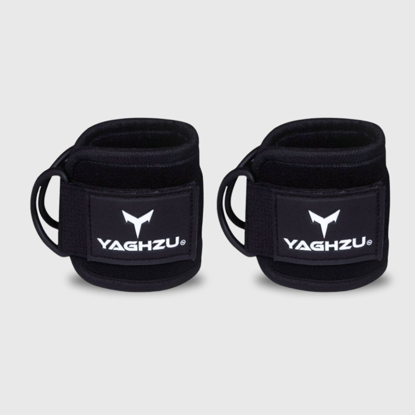 Yaghzu black ankle straps pair for cable machine workouts — durable gym ankle cuffs designed as wrist and ankle cuffs, leg straps, and cable ankle straps for strength training and resistance exercises.