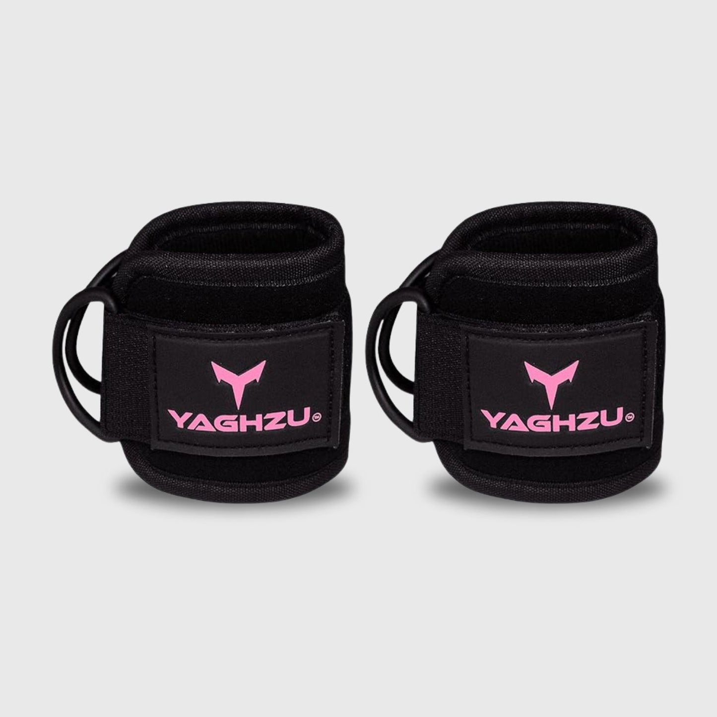 Yaghzu black and pink ankle straps pair for cable machine workouts — durable gym ankle cuffs designed as wrist and ankle cuffs, leg straps, and cable ankle straps for strength training and resistance exercises.
