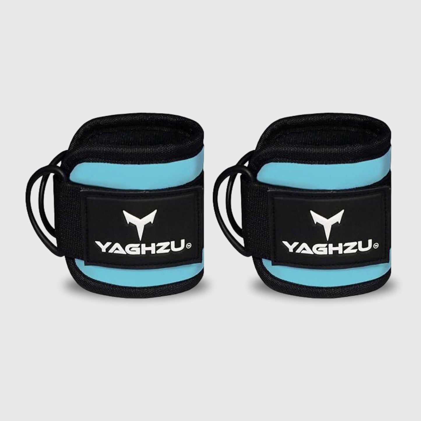 Yaghzu blue ankle straps pair for cable machine workouts — durable gym ankle cuffs designed as wrist and ankle cuffs, leg straps, and cable ankle straps for strength training and resistance exercises.