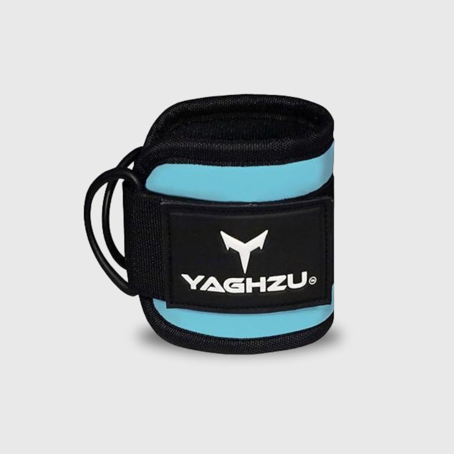 Yaghzu Cyan ankle straps for cable machine with double D-rings; premium cable ankle straps, leg straps, and wrist and ankle cuffs for gym workouts.