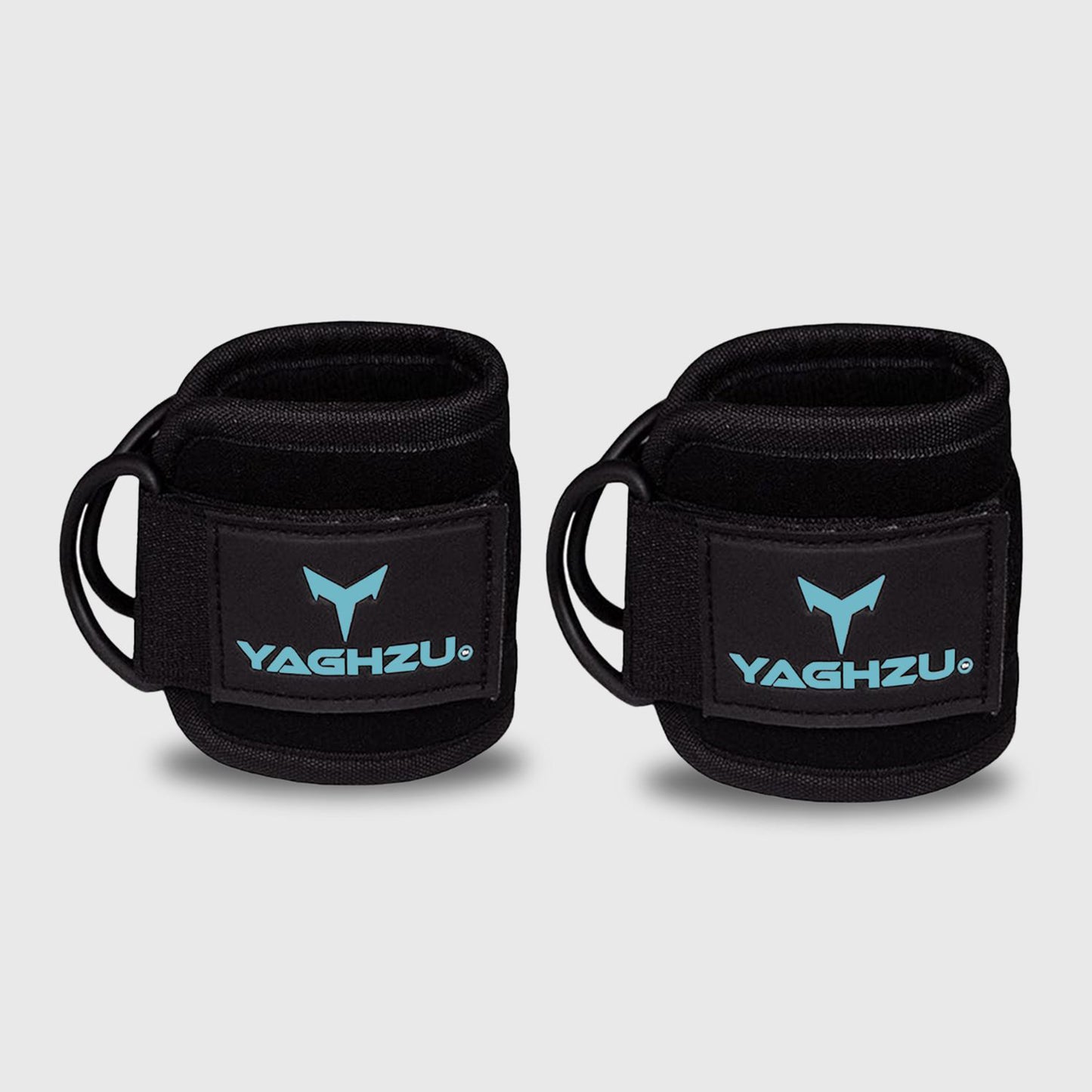Yaghzu black and blue ankle straps pair for cable machine workouts — durable gym ankle cuffs designed as wrist and ankle cuffs, leg straps, and cable ankle straps for strength training and resistance exercises.