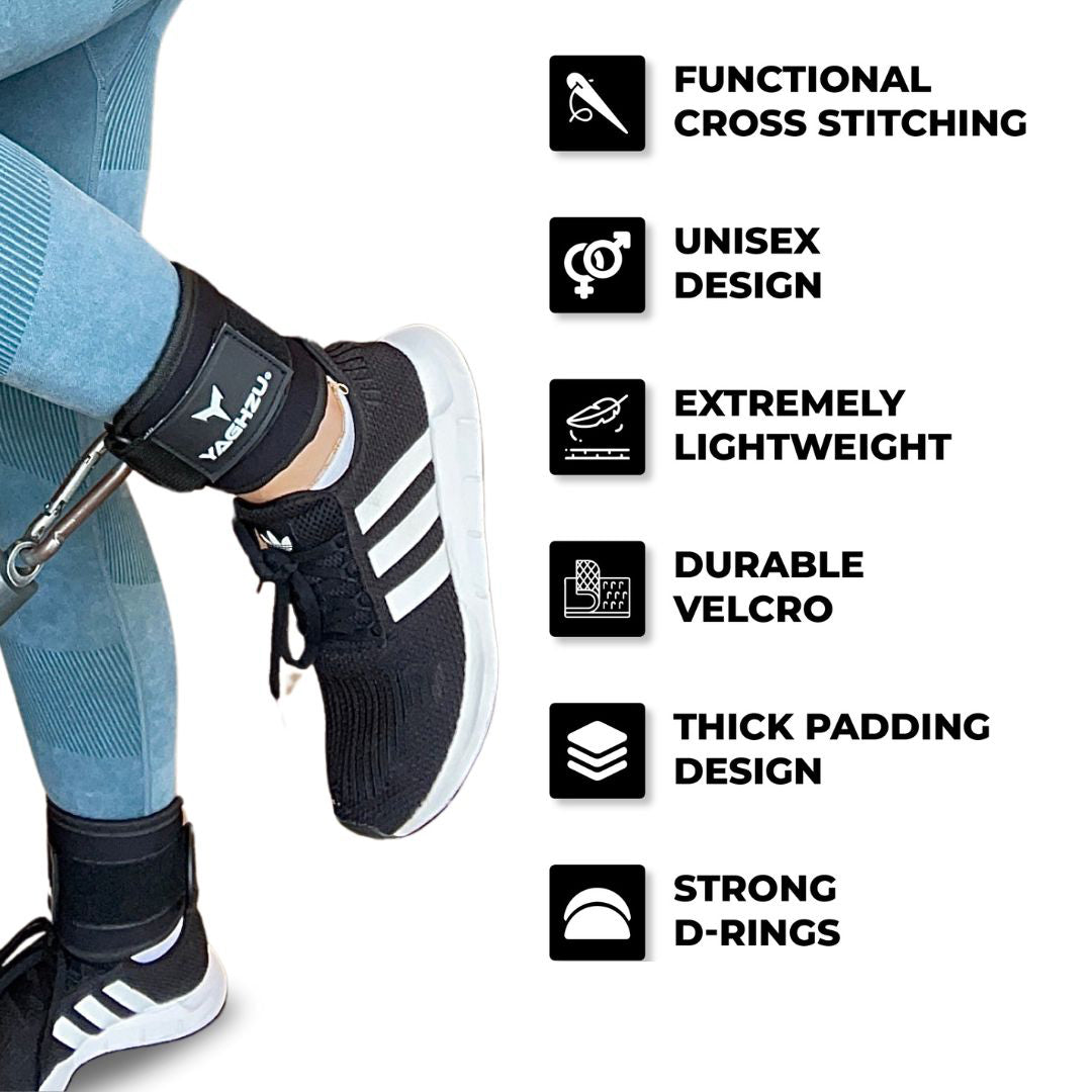 Yaghzu ankle straps for cable machine in use during gym workout — features include functional cross stitching, unisex design, extremely lightweight build, durable Velcro, thick padding, and strong D-rings. Ideal wrist and ankle cuffs, ankle cuffs gym, and lower body workouts