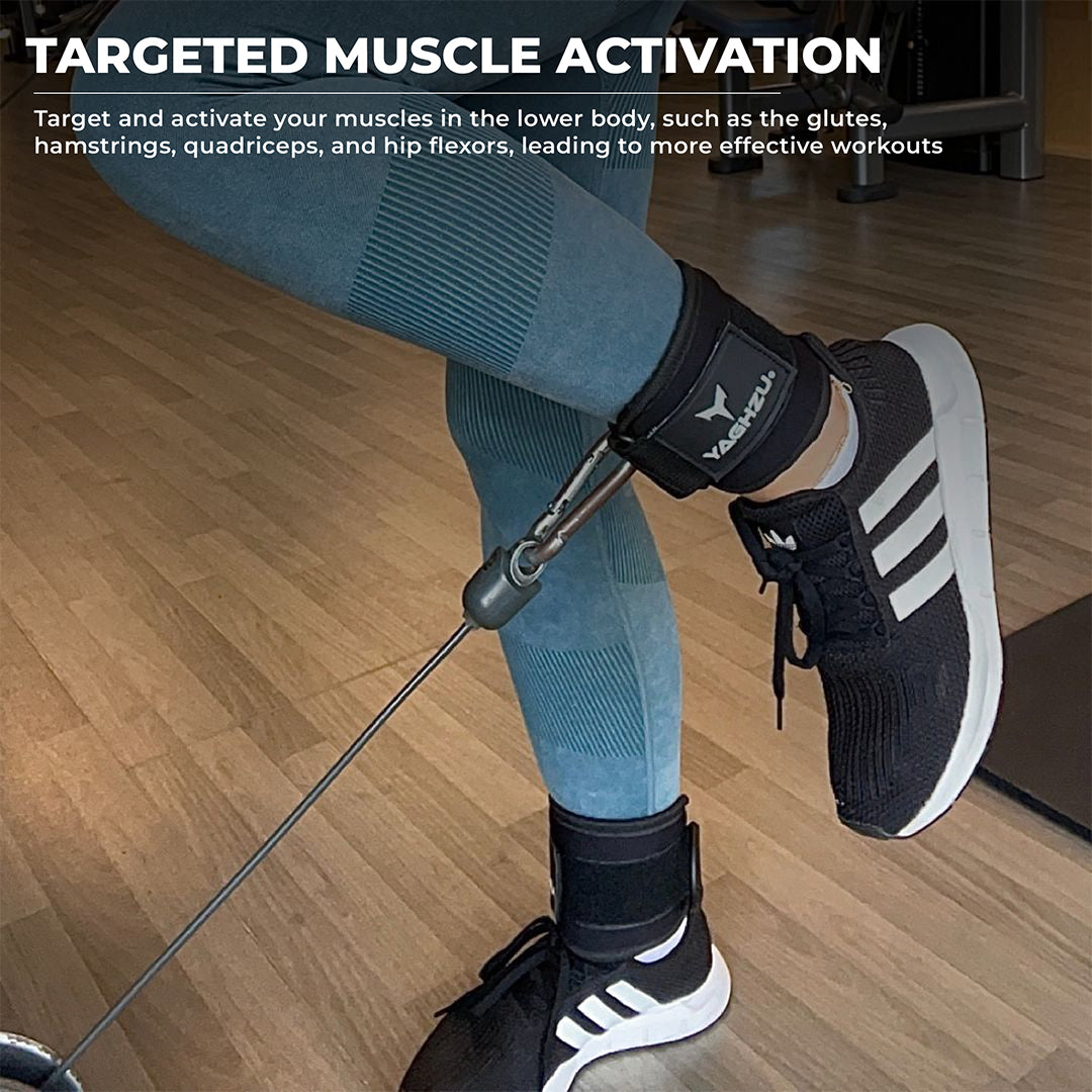 Close-up of woman using Yaghzu ankle straps for cable machine during leg workout. These black and white cable ankle straps offer secure support and targeted muscle activation for glutes, hamstrings, and quads. Ideal ankle cuffs gym gear for leg day training.