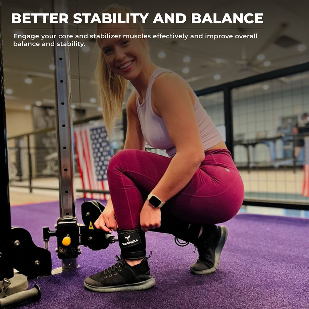 Smiling woman adjusting Yaghzu ankle straps for cable machine at gym. Durable black cable ankle cuffs offer support for leg workouts and enhance balance and stability. Ideal wrist and ankle cuffs for effective lower body training.
