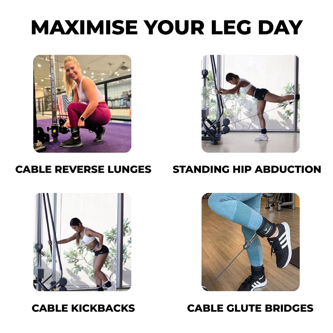 Yaghzu ankle straps for cable machines shown in use during cable reverse lunges, standing hip abductions, cable kickbacks, and cable glute bridges. Durable gym ankle cuffs for lower body and leg workouts.