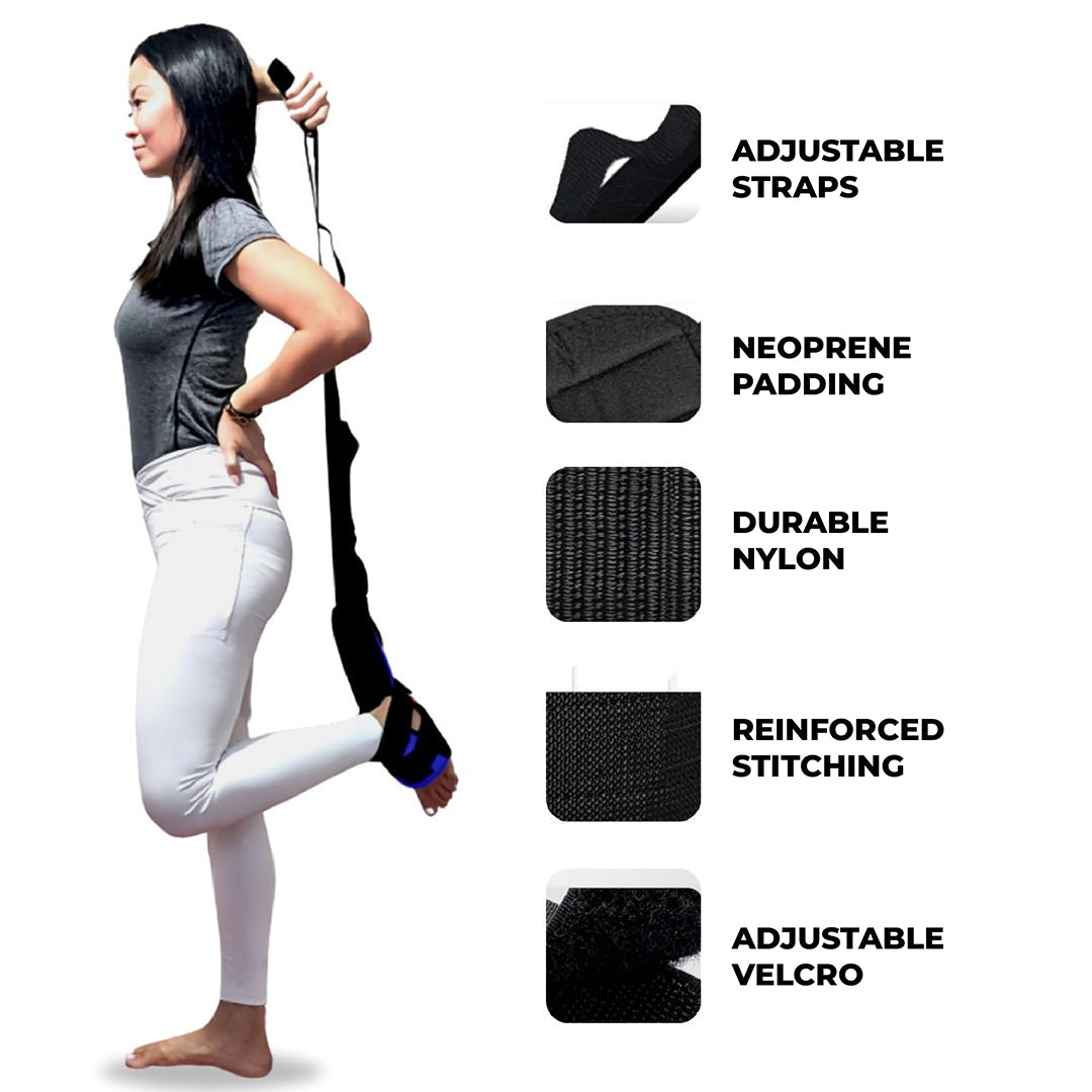 Demonstrating calf stretch with foot rocker stretcher featuring adjustable straps, neoprene padding, reinforced stitching – top calf stretcher for plantar fasciitis therapy.