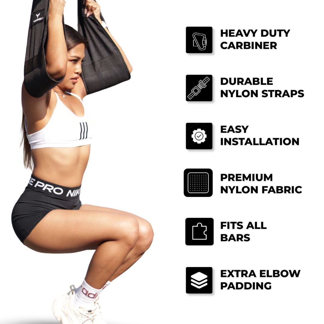 Woman using Yaghzu hanging ab straps for core workout, highlighting features like heavy-duty carabiner, durable nylon straps, and extra elbow padding. Hanging exercise straps for home workouts and core strength