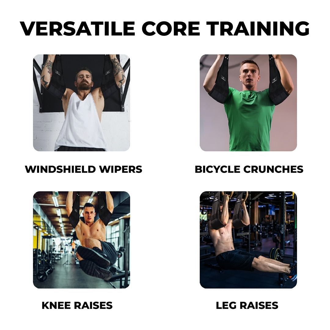 Men using Yaghzu ab straps for windshield wipers, bicycle crunches, knee raises, and leg raises in gym settings