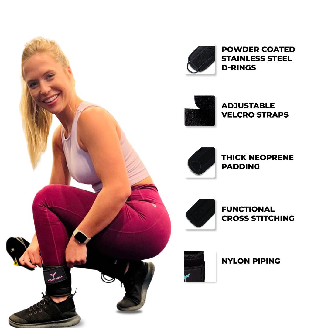 Woman using Yaghzu ankle straps for cable machine workouts — featuring powder-coated D-rings, adjustable Velcro straps, thick neoprene padding, cross stitching, and nylon piping for durable gym performance. Ideal ankle cuffs for leg exercises and resistance