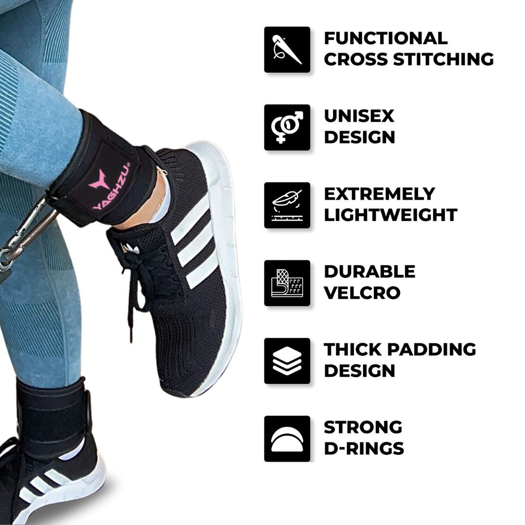 Yaghzu ankle straps for cable machine in use during gym workout — features include functional cross stitching, unisex design, extremely lightweight build, durable Velcro, thick padding, and strong D-rings. Ideal wrist and ankle cuffs, ankle cuffs gym, and lower body workouts
