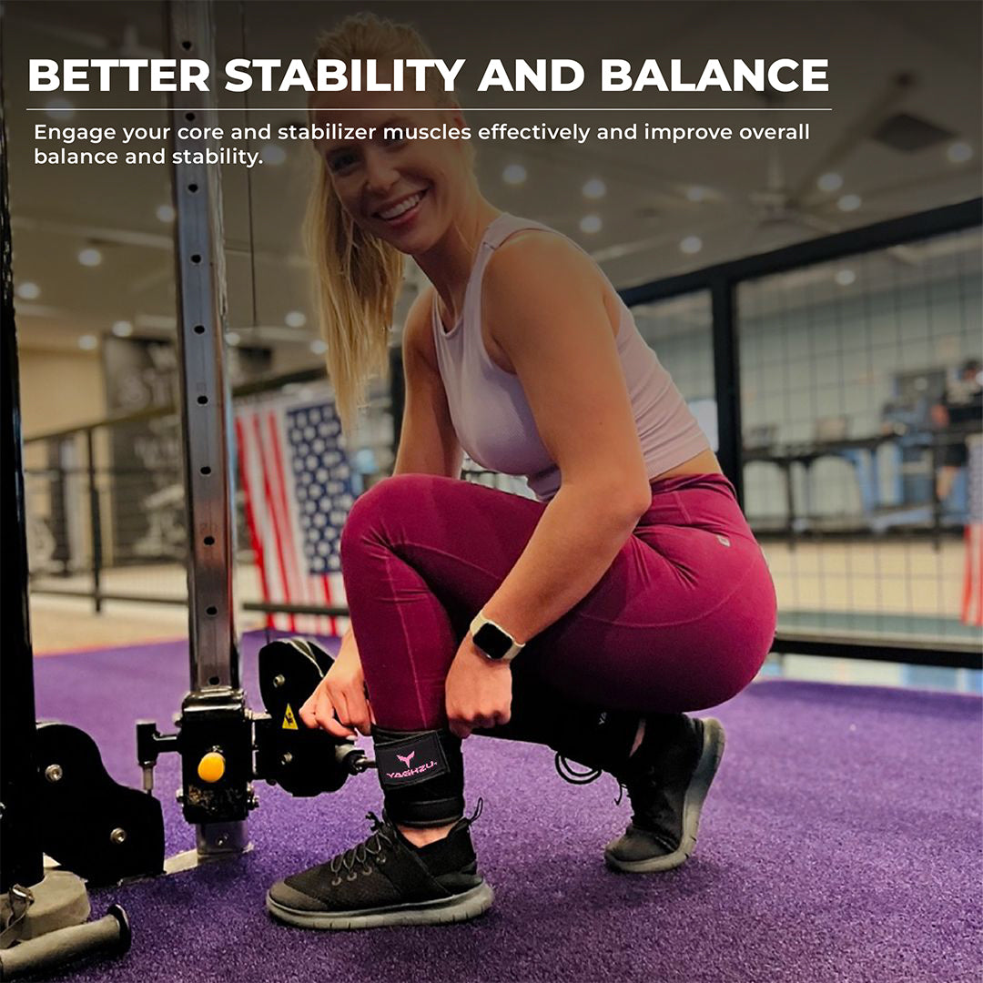 Smiling woman adjusting Yaghzu ankle straps for cable machine at gym. Durable black and pink cable ankle cuffs offer support for leg workouts and enhance balance and stability. Ideal wrist and ankle cuffs for effective lower body training.