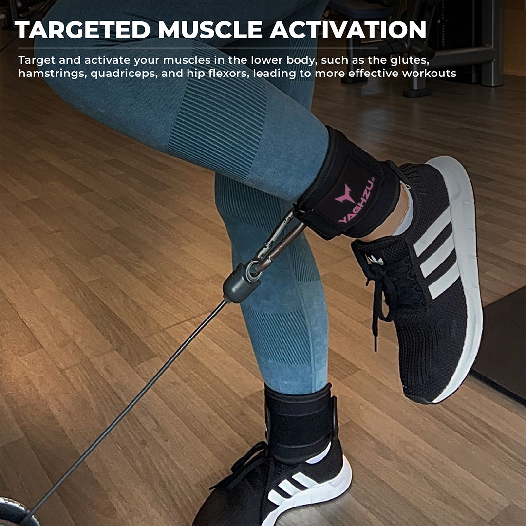 Yaghzu black and pink ankle straps for cable machine exercise, perfect cable ankle straps and leg straps for gym workouts; also used as wrist and ankle cuffs for resistance training.