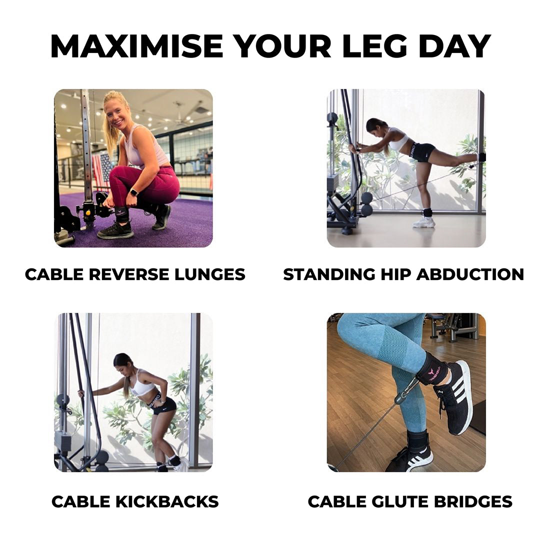 Yaghzu ankle straps for cable machines shown in use during cable reverse lunges, standing hip abductions, cable kickbacks, and cable glute bridges. Durable gym ankle cuffs for lower body and leg workouts.