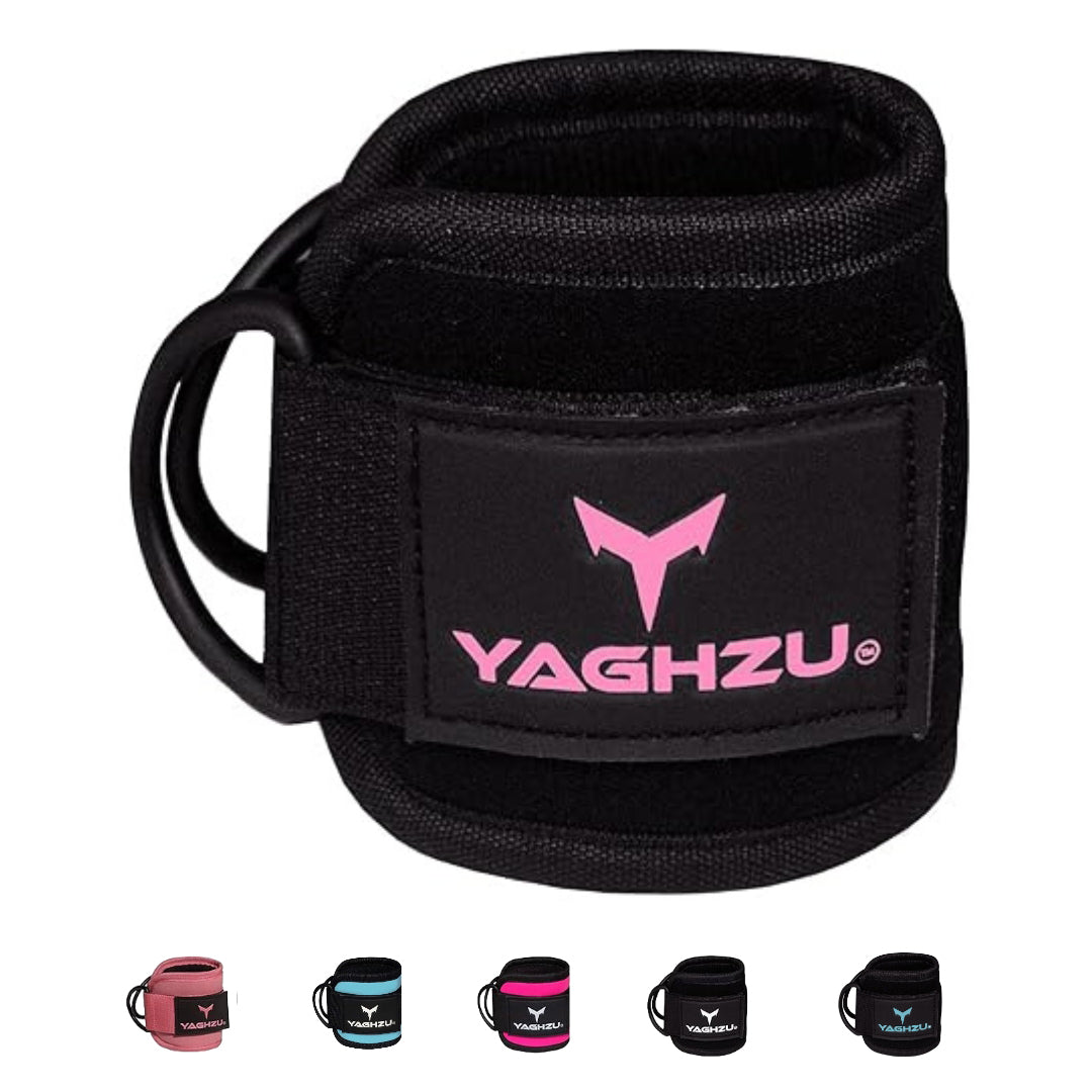 Yaghzu ankle straps for cable machine in black and pink with multiple color options including pink, teal, magenta, and purple. Premium gym ankle cuffs for leg workouts and cable exercises.