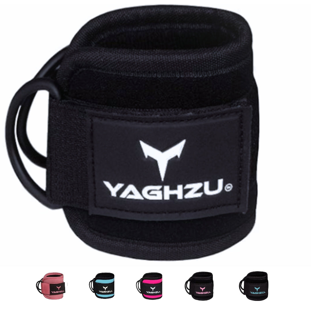 Yaghzu ankle straps for cable machine in black with multiple color options including pink, teal, magenta, and purple. Premium gym ankle cuffs for leg workouts and cable exercises.