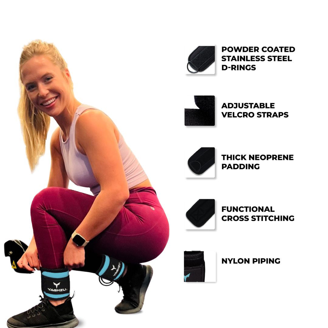 Woman using Yaghzu ankle straps for cable machine workouts — featuring powder-coated D-rings, adjustable Velcro straps, thick neoprene padding, cross stitching, and nylon piping for durable gym performance. Ideal ankle cuffs for leg exercises and resistance