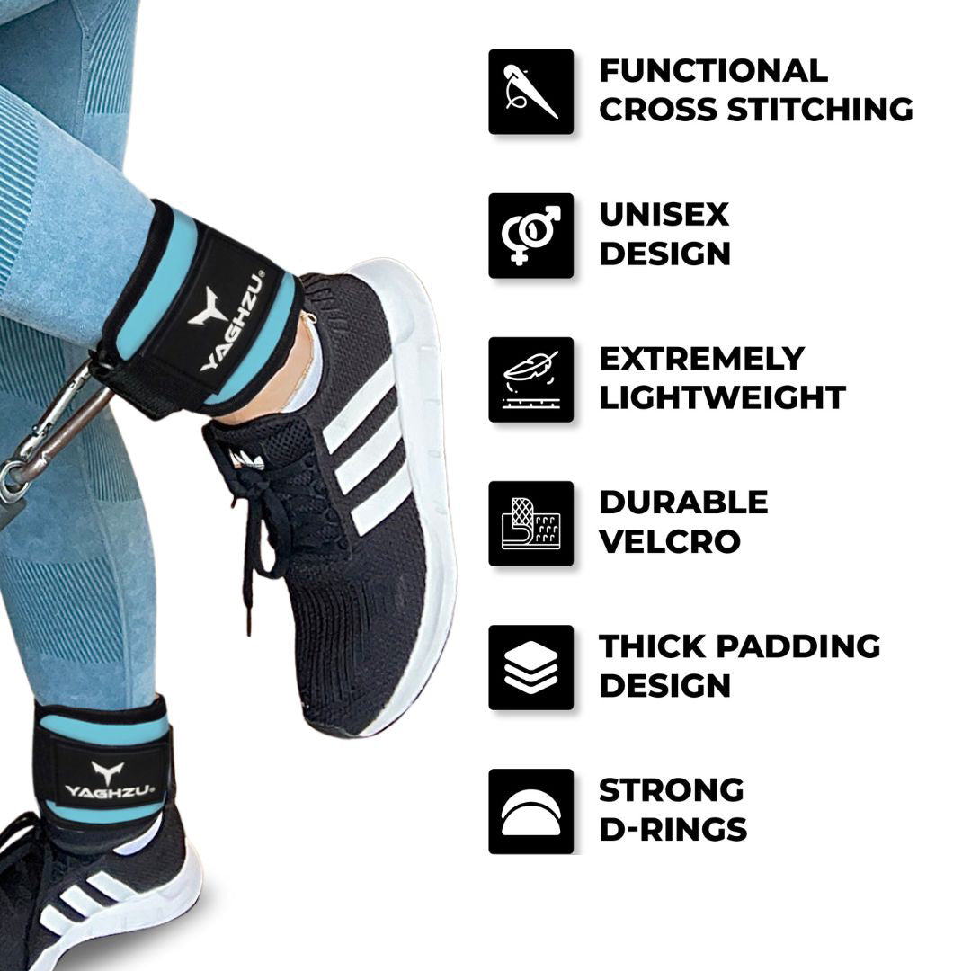 Yaghzu ankle straps for cable machine in use during gym workout — features include functional cross stitching, unisex design, extremely lightweight build, durable Velcro, thick padding, and strong D-rings. Ideal wrist and ankle cuffs, ankle cuffs gym, and lower body workouts