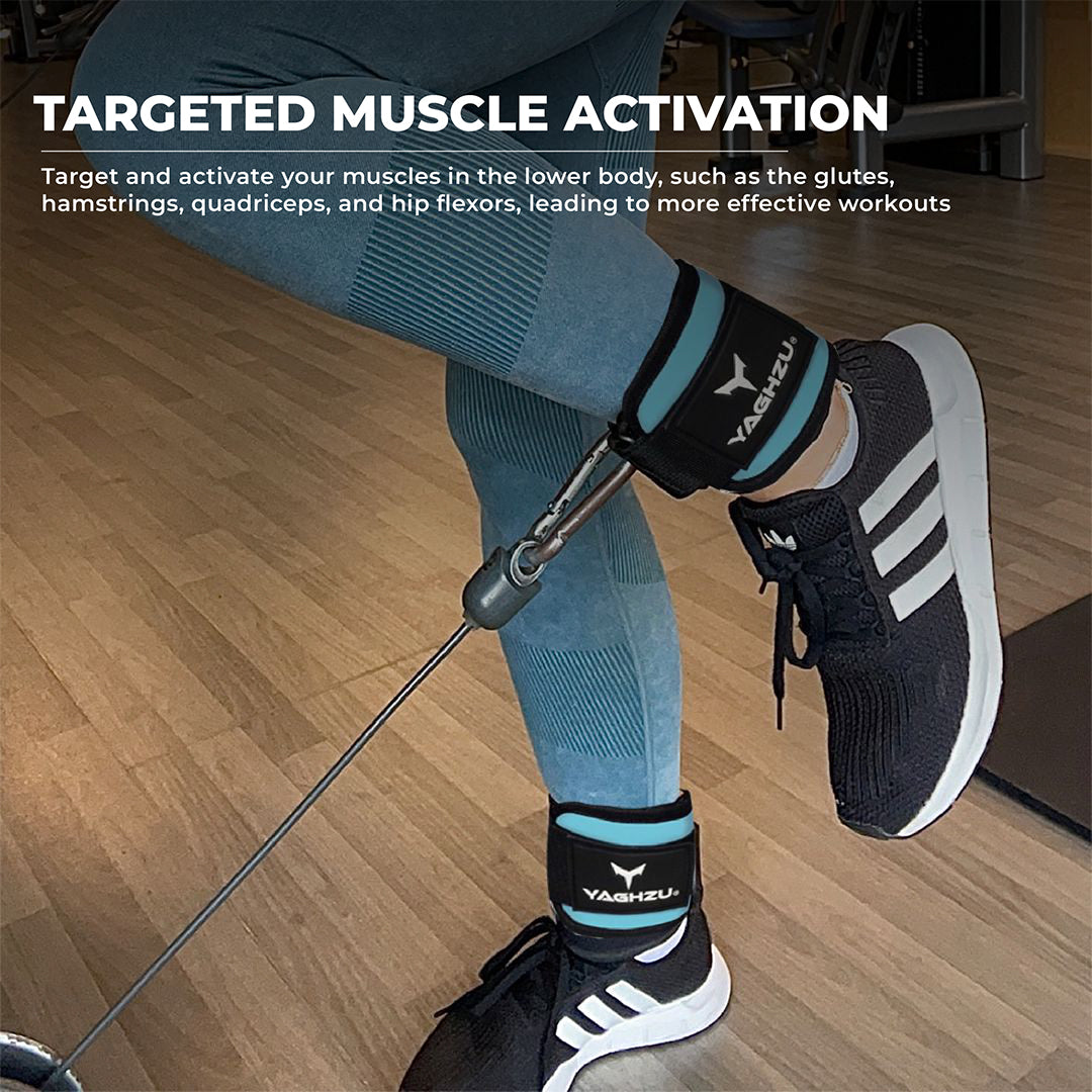 Yaghzu blue ankle straps for cable machine exercise, perfect cable ankle straps and leg straps for gym workouts; also used as wrist and ankle cuffs for resistance training.