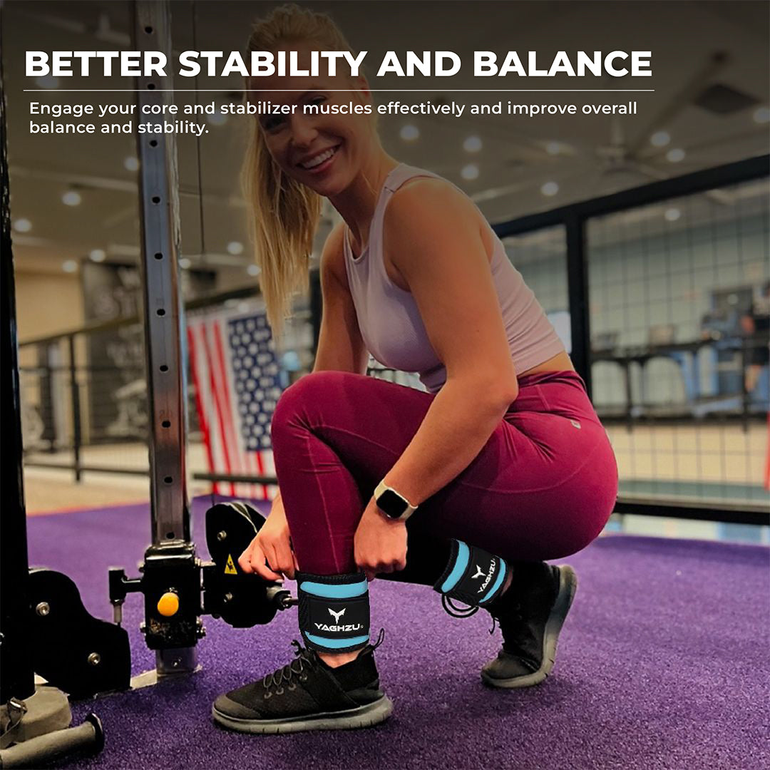 Smiling woman adjusting Yaghzu ankle straps for cable machine at gym. Durable cyan cable ankle cuffs offer support for leg workouts and enhance balance and stability. Ideal wrist and ankle cuffs for effective lower body training.