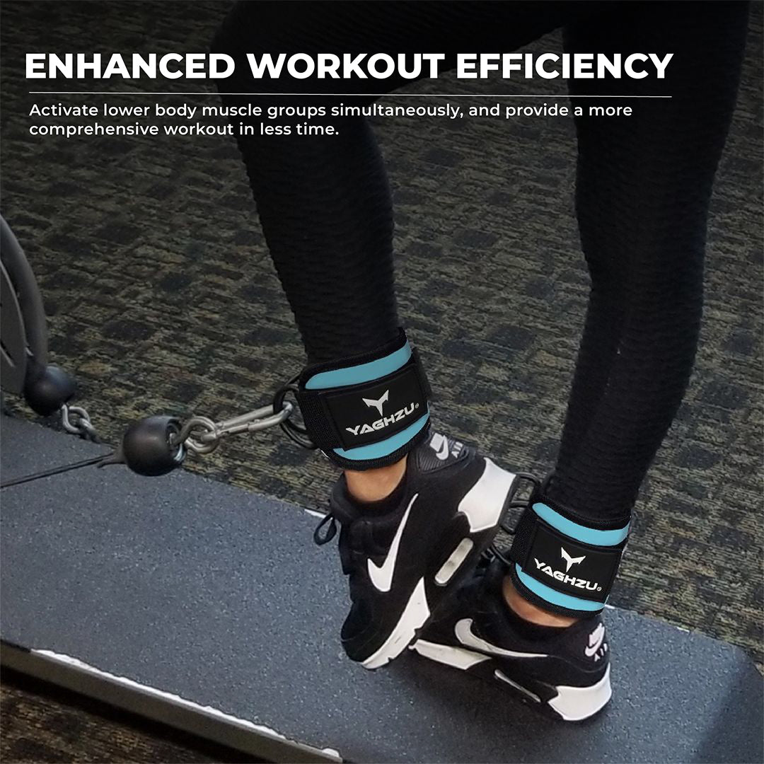 Yaghzu ankle straps for cable machine in blue, premium cable ankle straps and leg straps for gym workouts, also suitable as wrist and ankle cuffs for strength training.