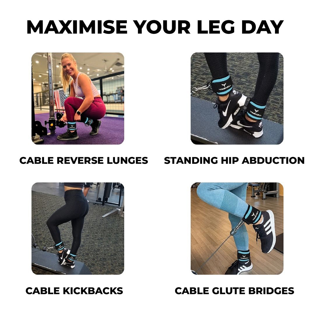 Yaghzu ankle straps for cable machines shown in use during cable reverse lunges, standing hip abductions, cable kickbacks, and cable glute bridges. Durable gym ankle cuffs for lower body and leg workouts.