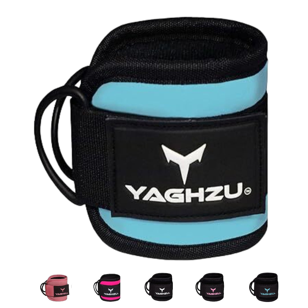 Yaghzu ankle straps for cable machine in cyan with multiple color options including black, pink, teal, magenta, and purple. Premium gym ankle cuffs for leg workouts and cable exercises.