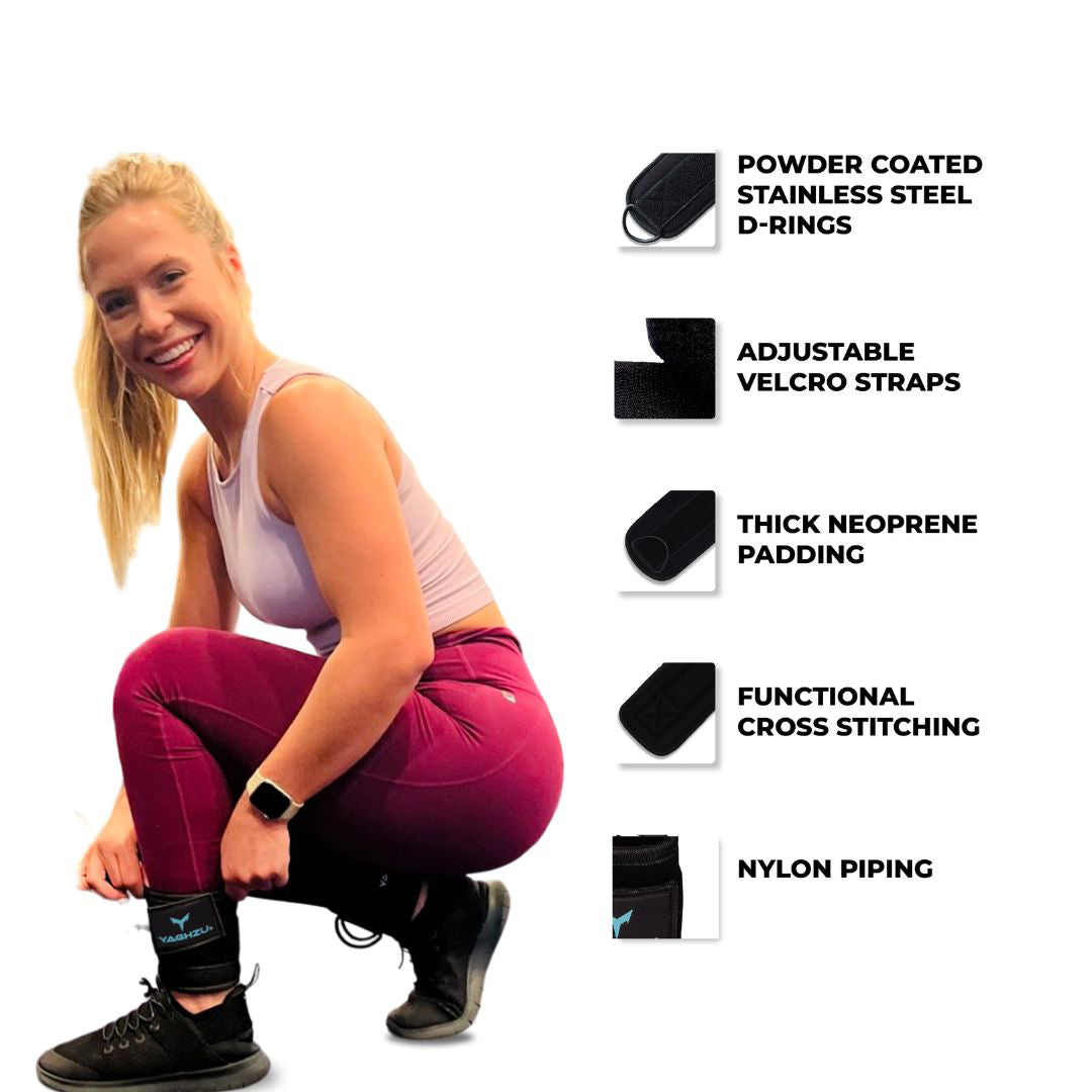 Woman using Yaghzu ankle straps for cable machine workouts — featuring powder-coated D-rings, adjustable Velcro straps, thick neoprene padding, cross stitching, and nylon piping for durable gym performance. Ideal ankle cuffs for leg exercises and resistance