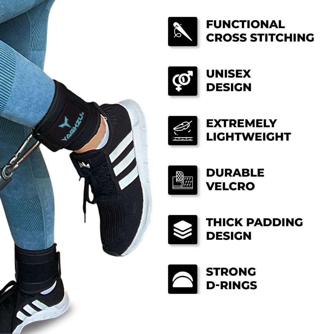 Yaghzu ankle straps for cable machine in use during gym workout — features include functional cross stitching, unisex design, extremely lightweight build, durable Velcro, thick padding, and strong D-rings. Ideal wrist and ankle cuffs, ankle cuffs gym, and lower body workouts