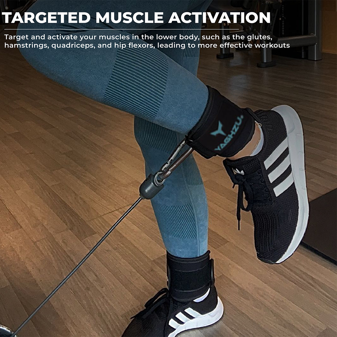 Yaghzu black and blue ankle straps for cable machine exercise, perfect cable ankle straps and leg straps for gym workouts; also used as wrist and ankle cuffs for resistance training.