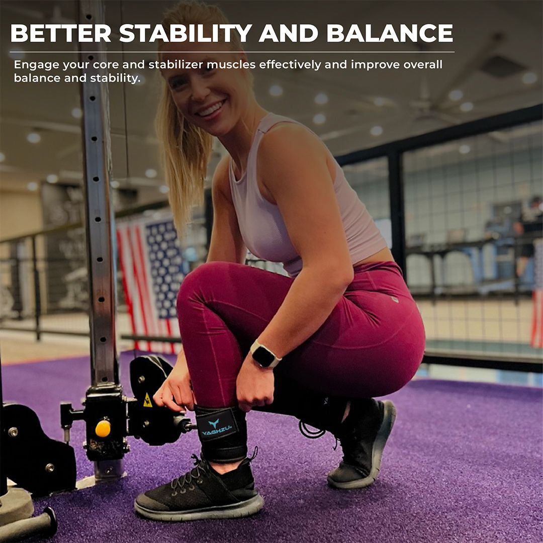 Smiling woman adjusting Yaghzu ankle straps for cable machine at gym. Durable black and cyan cable ankle cuffs offer support for leg workouts and enhance balance and stability. Ideal wrist and ankle cuffs for effective lower body training.