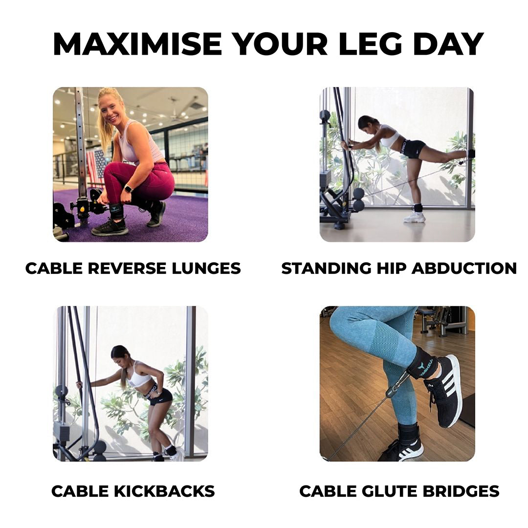 Yaghzu ankle straps for cable machines shown in use during cable reverse lunges, standing hip abductions, cable kickbacks, and cable glute bridges. Durable gym ankle cuffs for lower body and leg workouts.