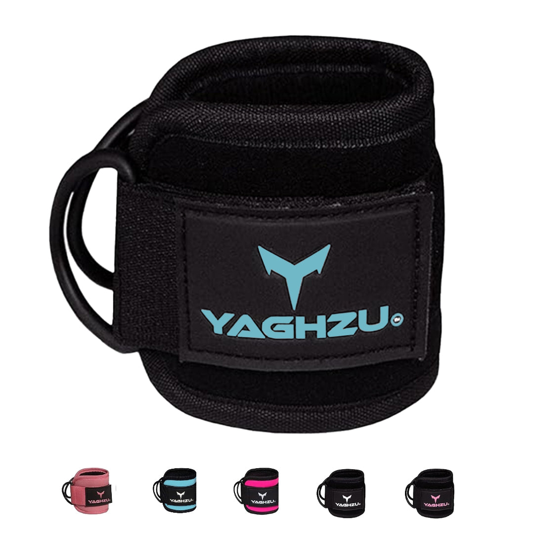 Yaghzu ankle straps for cable machine in black and blue with multiple color options including pink, teal, magenta, and purple. Premium gym ankle cuffs for leg workouts and cable exercises.