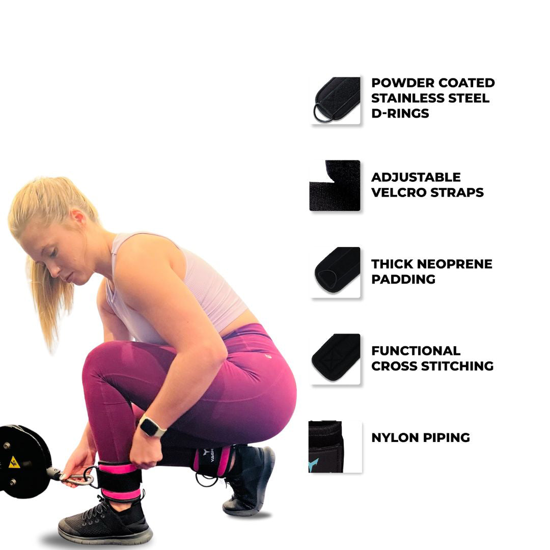 Woman using Yaghzu ankle straps for cable machine workouts — featuring powder-coated D-rings, adjustable Velcro straps, thick neoprene padding, cross stitching, and nylon piping for durable gym performance. Ideal ankle cuffs for leg exercises and resistance