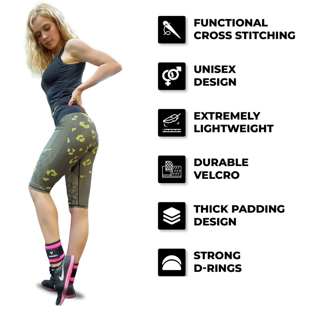Yaghzu ankle straps for cable machine in use during gym workout — features include functional cross stitching, unisex design, extremely lightweight build, durable Velcro, thick padding, and strong D-rings. Ideal wrist and ankle cuffs, ankle cuffs gym, and lower body workouts