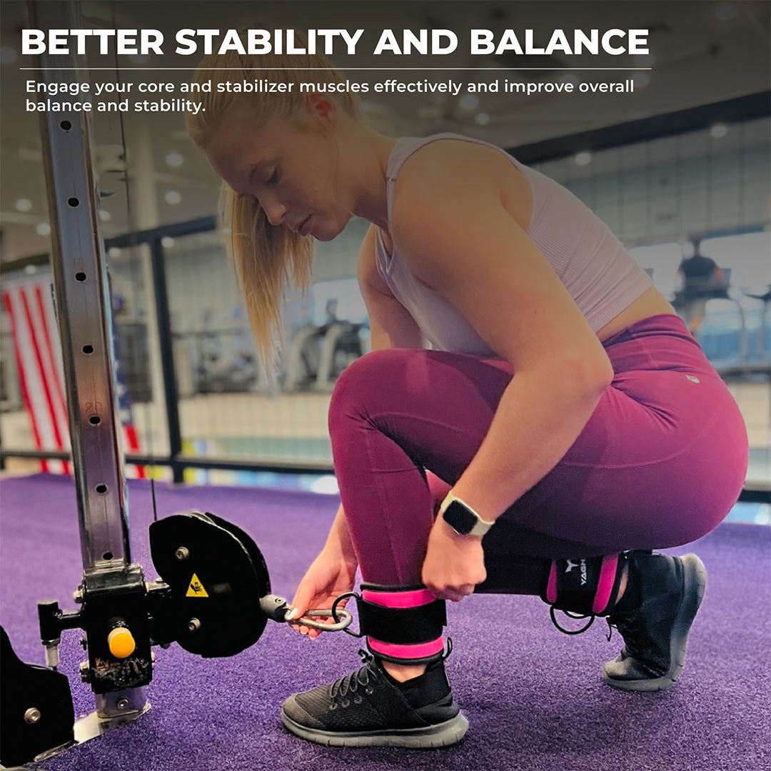 Smiling woman adjusting Yaghzu ankle straps for cable machine at gym. Durable pink cable ankle cuffs offer support for leg workouts and enhance balance and stability. Ideal wrist and ankle cuffs for effective lower body training.