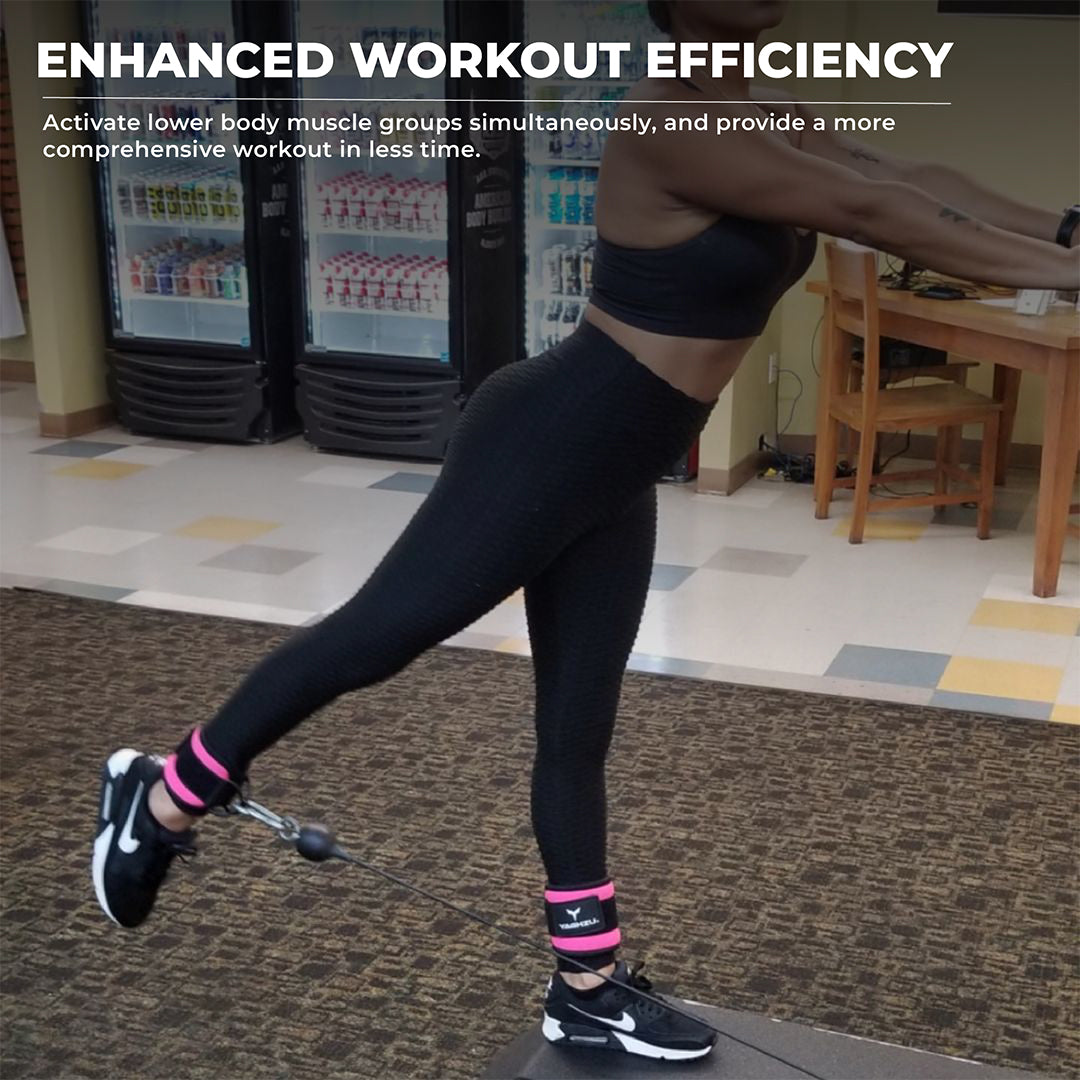 Woman using pink Yaghzu ankle straps for cable machine leg workout in gym; durable ankle cuffs gym accessory for targeted lower body training with wrist and ankle cuffs versatility.