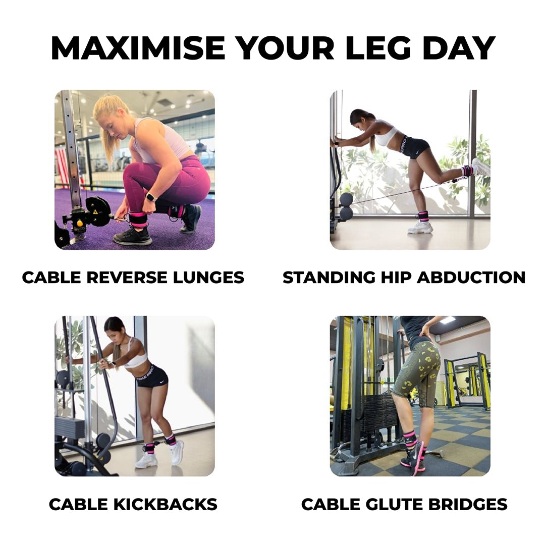 Yaghzu ankle straps for cable machines shown in use during cable reverse lunges, standing hip abductions, cable kickbacks, and cable glute bridges. Durable gym ankle cuffs for lower body and leg workouts.