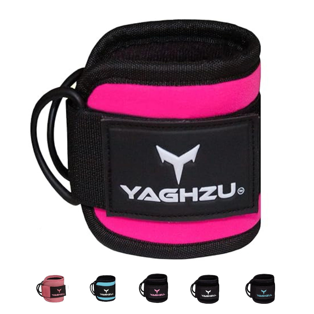Yaghzu pink ankle straps for cable machine with double D-rings; premium cable ankle straps, leg straps, and wrist and ankle cuffs for gym workouts.
