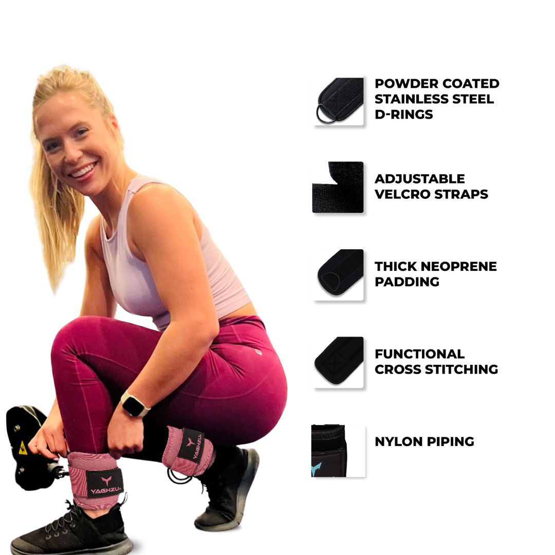 Woman using Yaghzu ankle straps for cable machine workouts — featuring powder-coated D-rings, adjustable Velcro straps, thick neoprene padding, cross stitching, and nylon piping for durable gym performance. Ideal ankle cuffs for leg exercises and resistance