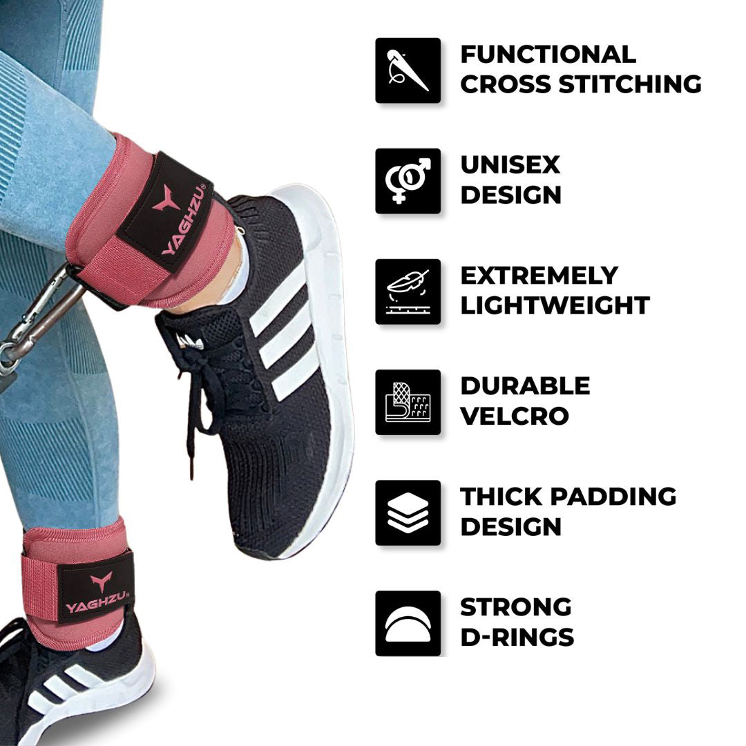 Yaghzu ankle straps for cable machine in use during gym workout — features include functional cross stitching, unisex design, extremely lightweight build, durable Velcro, thick padding, and strong D-rings. Ideal wrist and ankle cuffs, ankle cuffs gym, and lower body workouts