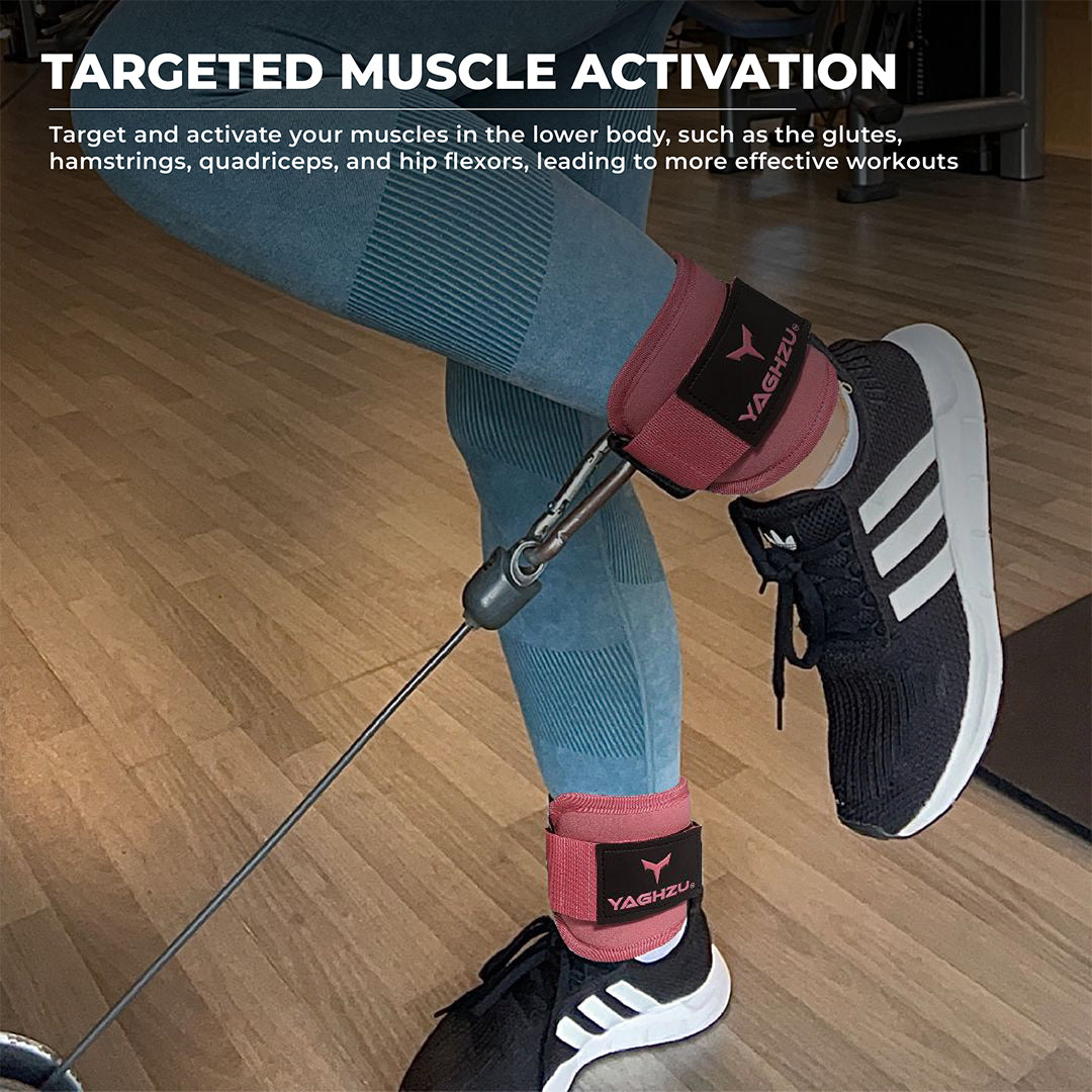 Yaghzu pink ankle straps for cable machine exercise, perfect cable ankle straps and leg straps for gym workouts; also used as wrist and ankle cuffs for resistance training.