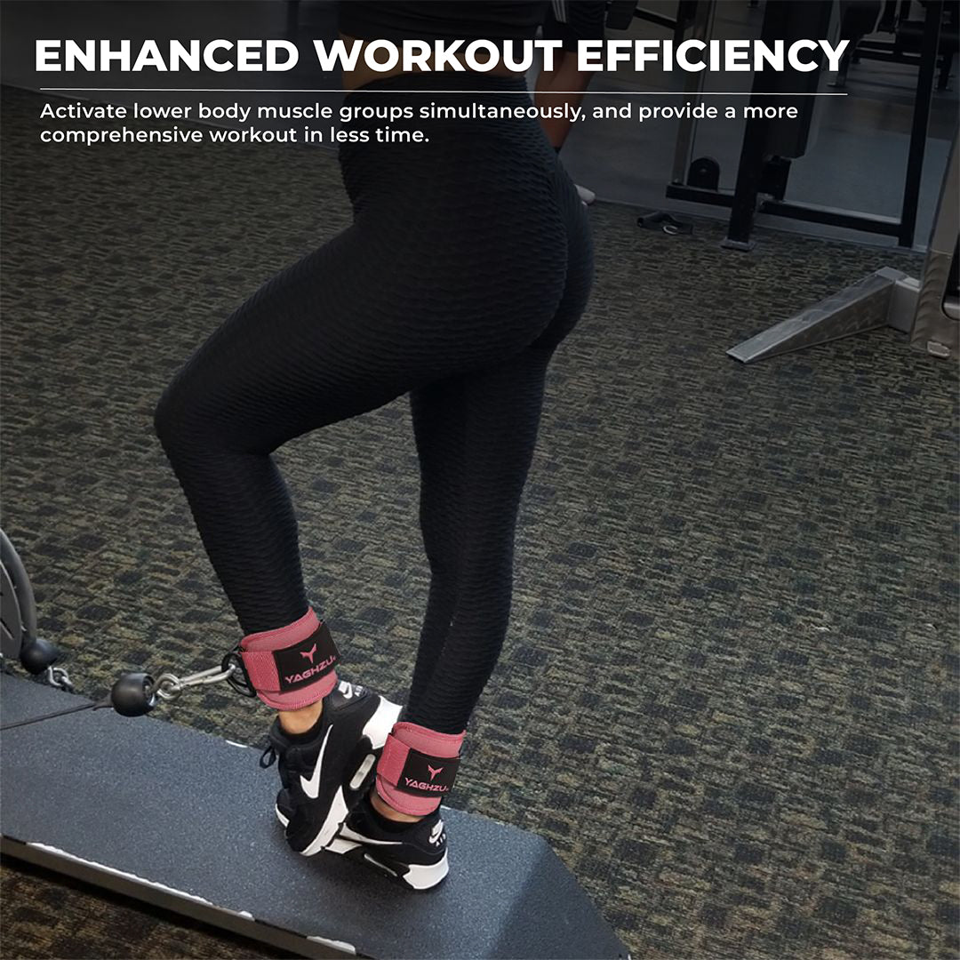 Woman using Yaghzu ankle straps for cable machine in solid pink during a gym workout, designed as durable cable ankle straps, leg straps, and ankle cuffs for cable machines and lower body strength training.
