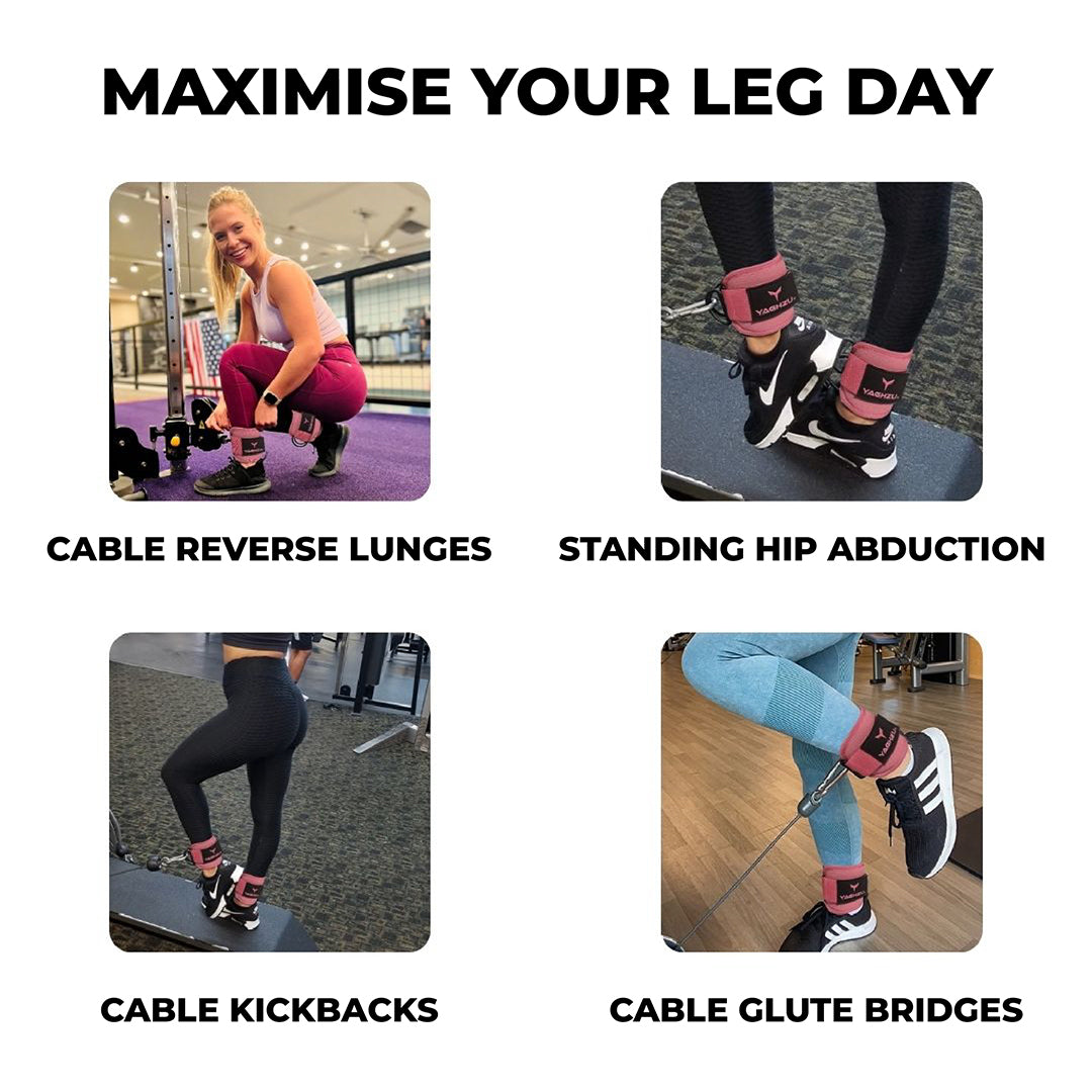 Yaghzu ankle straps for cable machines shown in use during cable reverse lunges, standing hip abductions, cable kickbacks, and cable glute bridges. Durable gym ankle cuffs for lower body and leg workouts.