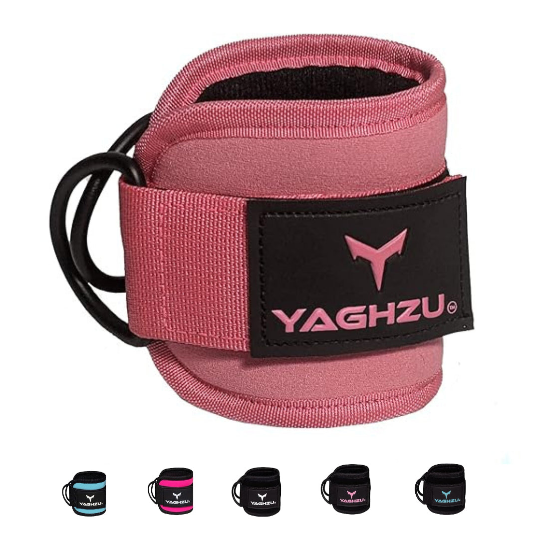 Yaghzu ankle straps for cable machine in pink with multiple color options including black, teal, magenta, and purple. Premium gym ankle cuffs for leg workouts and cable exercises.