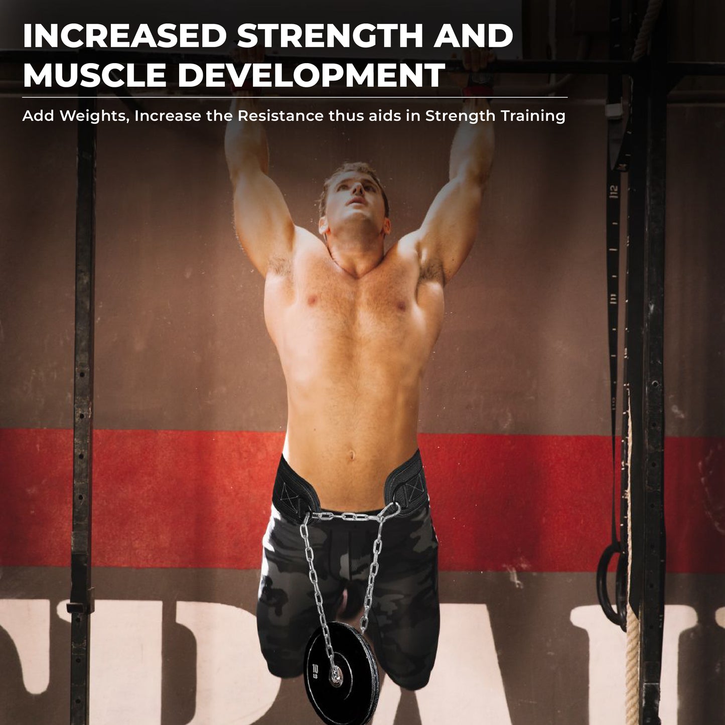 Man performing weighted pull-ups with Yaghzu dip belt – enhances strength training and muscle development using a pull up belt weight and gym belt with chain
