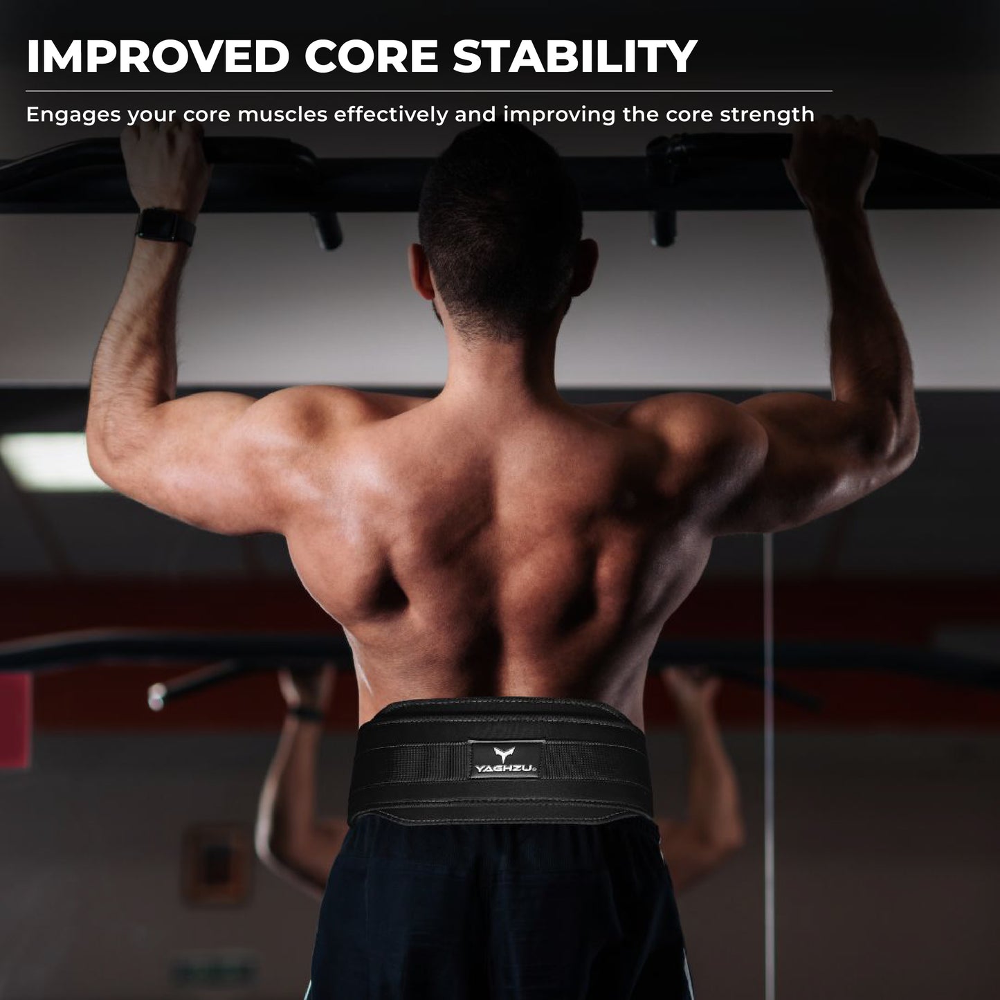 Man doing pull-ups wearing Yaghzu dip belt – gym belt with chain designed for improved core stability, strength training, and weighted pull up belt workouts