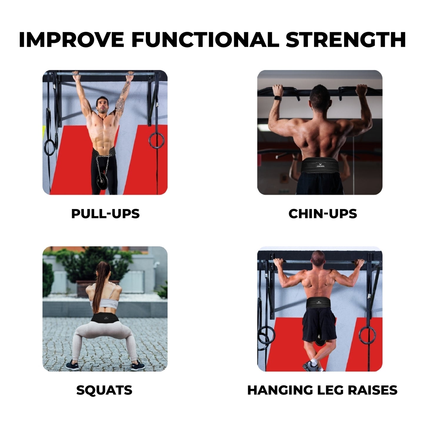 Four athletes using the Yaghzu gym belt with chain for various exercises—pull-ups, chin-ups, squats, and hanging leg raises—highlighting its use as a dip belt, pull up belt weight, and squat belt with chain for functional strength and weight lifting dips