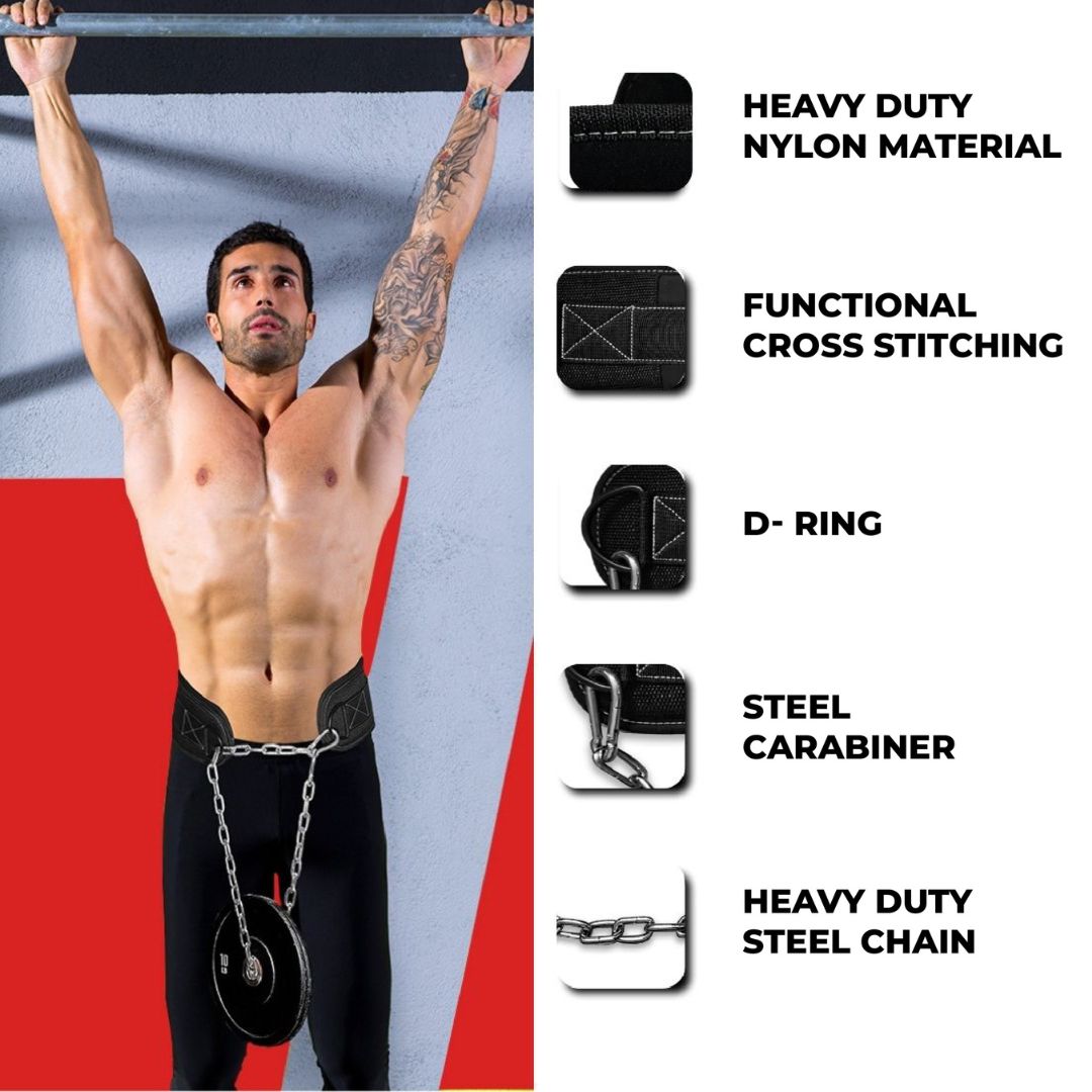 Man using Yaghzu gym belt with chain for pull-ups – heavy duty dip belt with nylon material, steel carabiner, D-ring, and reinforced stitching for weight lifting dips and squats