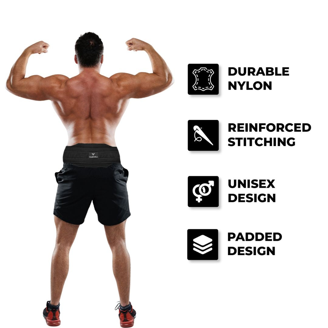 Man flexing back while wearing Yaghzu dip belt – features durable nylon, reinforced stitching, unisex padded design ideal for squat belt with chain and weight lifting dips